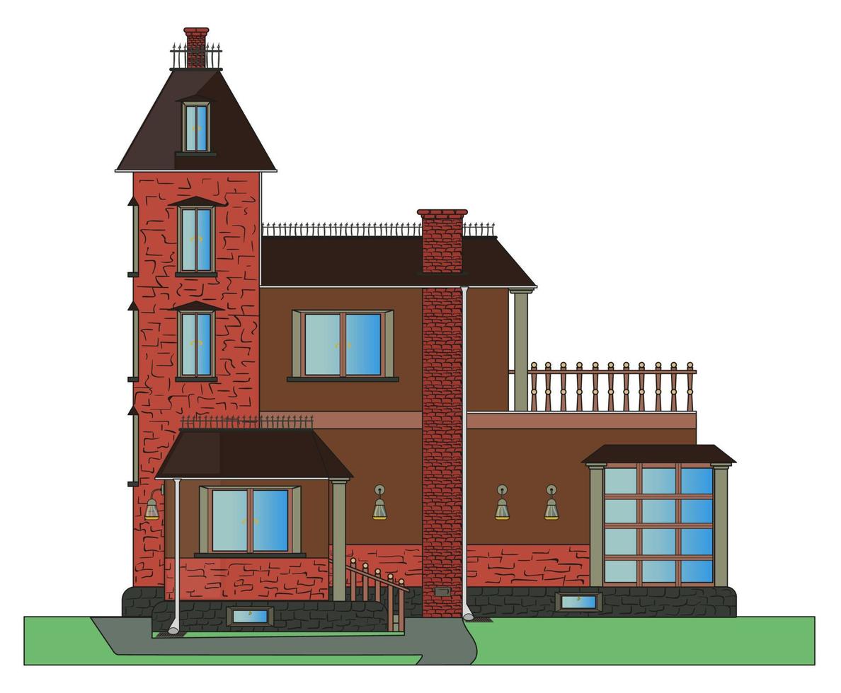 Large private house made of red brick. Building facade. Flat vector illustration isolated on white background.