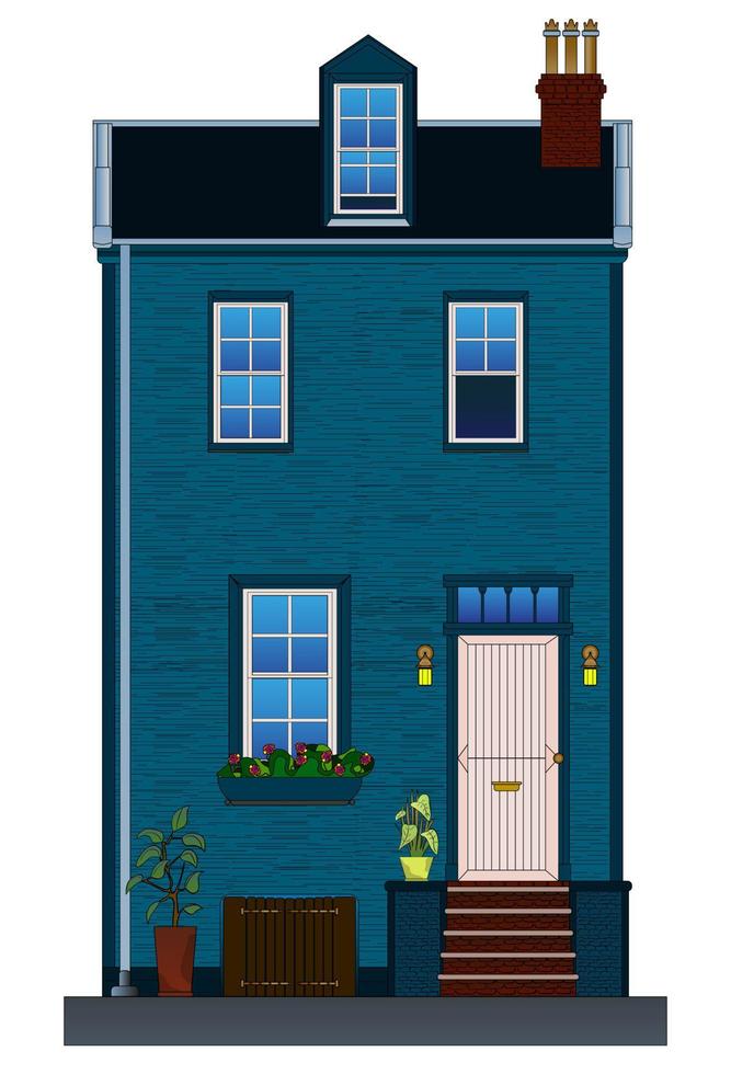 Narrow private house in blue. Frontage. Vector illustration isolated on white background.