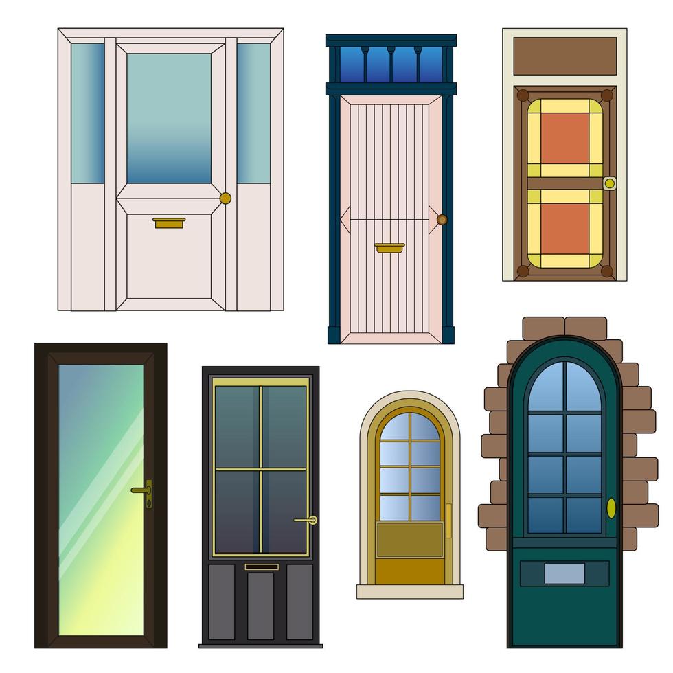 tipos de puertas. Diseño de diferentes puertas. conjunto de ilustraciones vectoriales aisladas sobre fondo blanco. vector