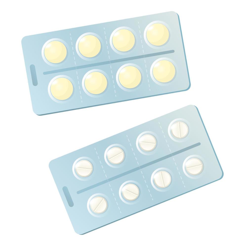 Pills in blister pack. Set of yellow and white medicaments. Vector illustration isolated on white background.