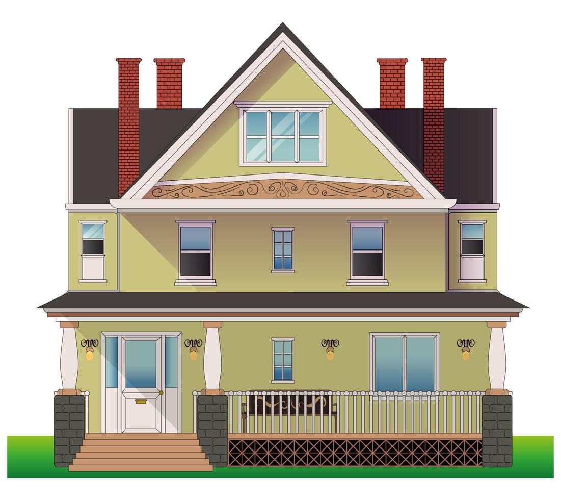 Large yellow private house. Front view. Vector illustration isolated on white background.