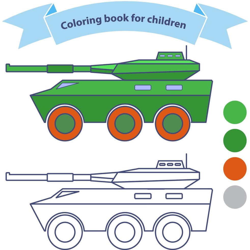 Infantry fighting vehicle. Military toy coloring book for children.Isolated on white background. Hare cartoon character. Outlined doodle. Flat vector. vector