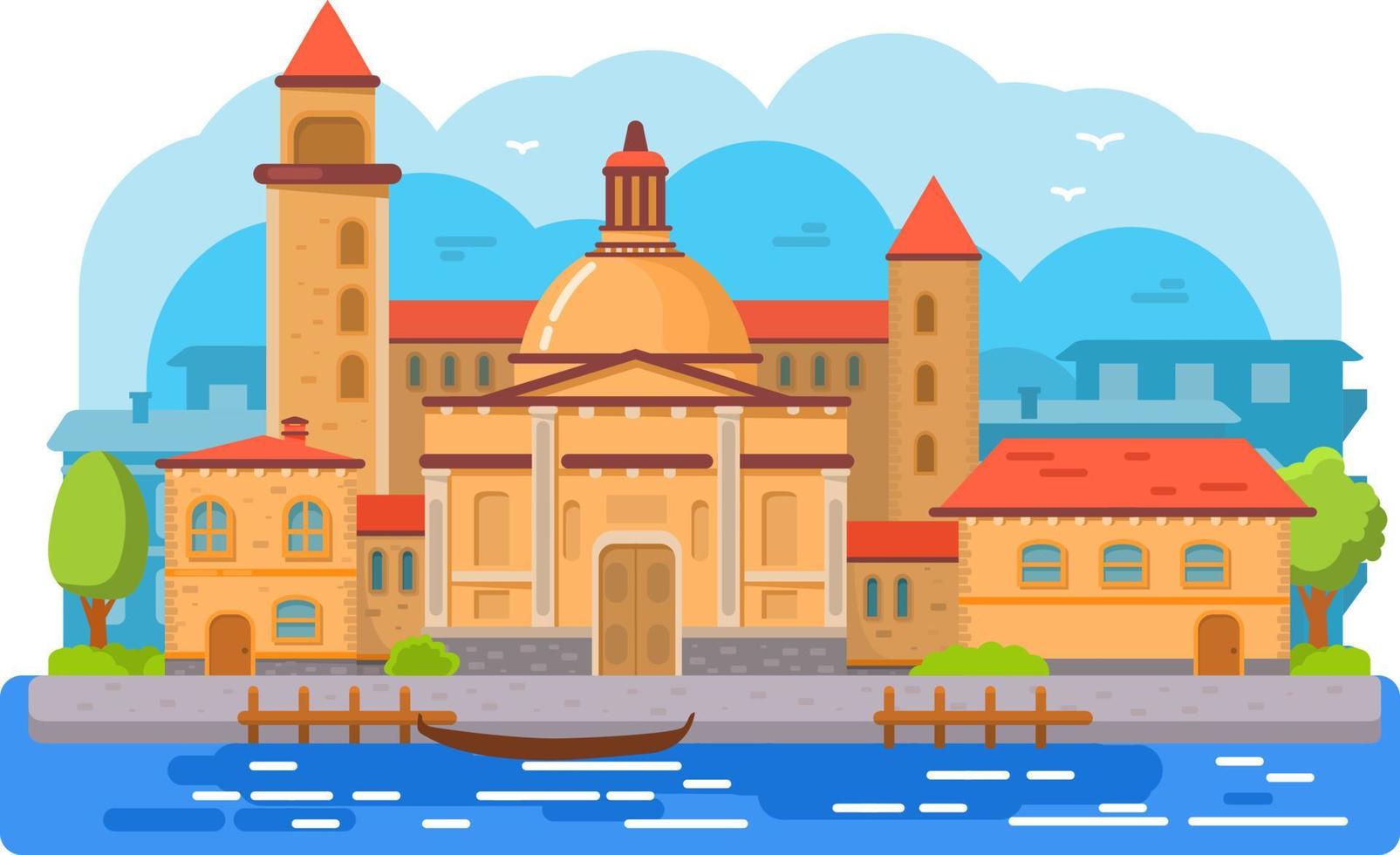 Venice city of Italy gondola.Travel or post card template.Cathedral and tower.Cityscape with with ancient buildings.Skyline the cities on water.Architecture panorama with water transport.Flat vector. vector