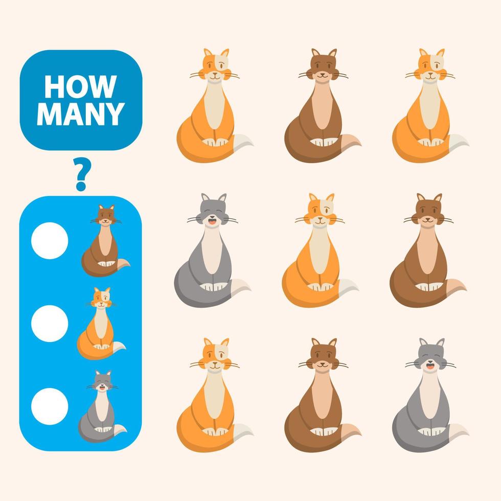 Count how many cats is educational game. Maths task development of logical thinking of children. Counting cat games  for preschool kids. Flat illustration animal cartoon character vector. vector