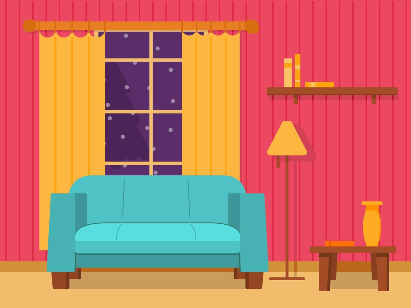 Concept of the interior of the living room with a sofa and a window with curtains and a floor lamp. A flat illustration line art vector. vector