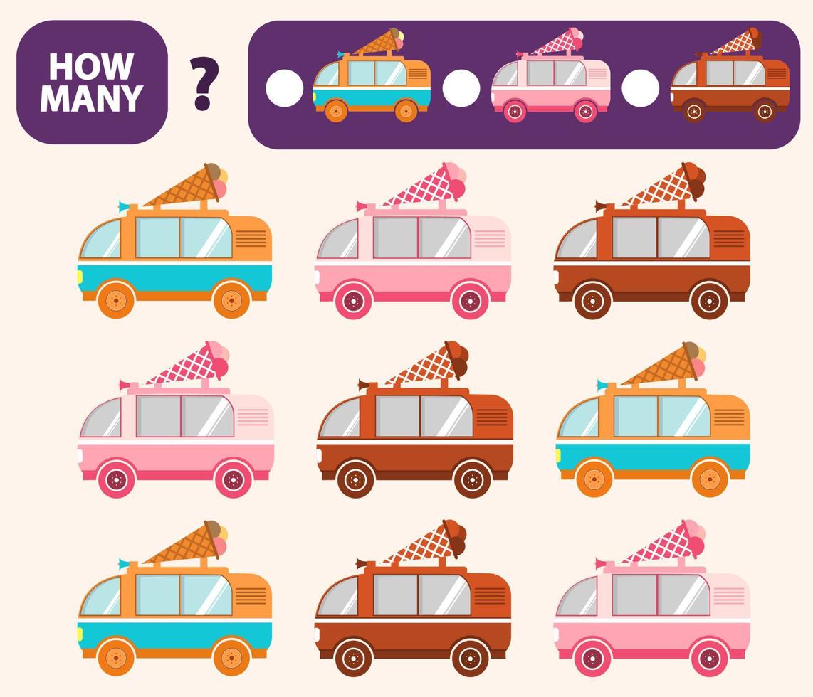 Count how many the van with ice cream is educational game. Maths task development of logical thinking of children.Counting street food car games for preschool kids.Flat vector. vector