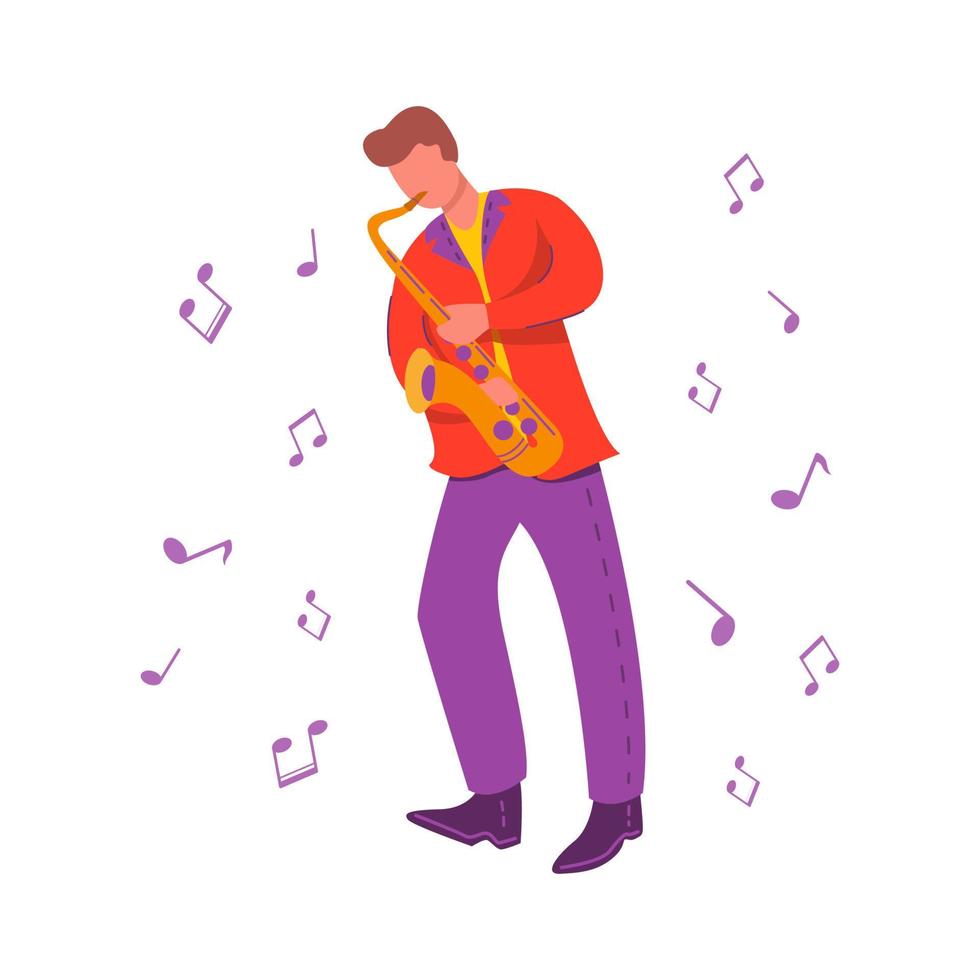 un joven saxofonista.notas modernas de ilustración vectorial plana.el hombre es un músico de jazz que toca un instrumento musical.un personaje de dibujos animados. vector