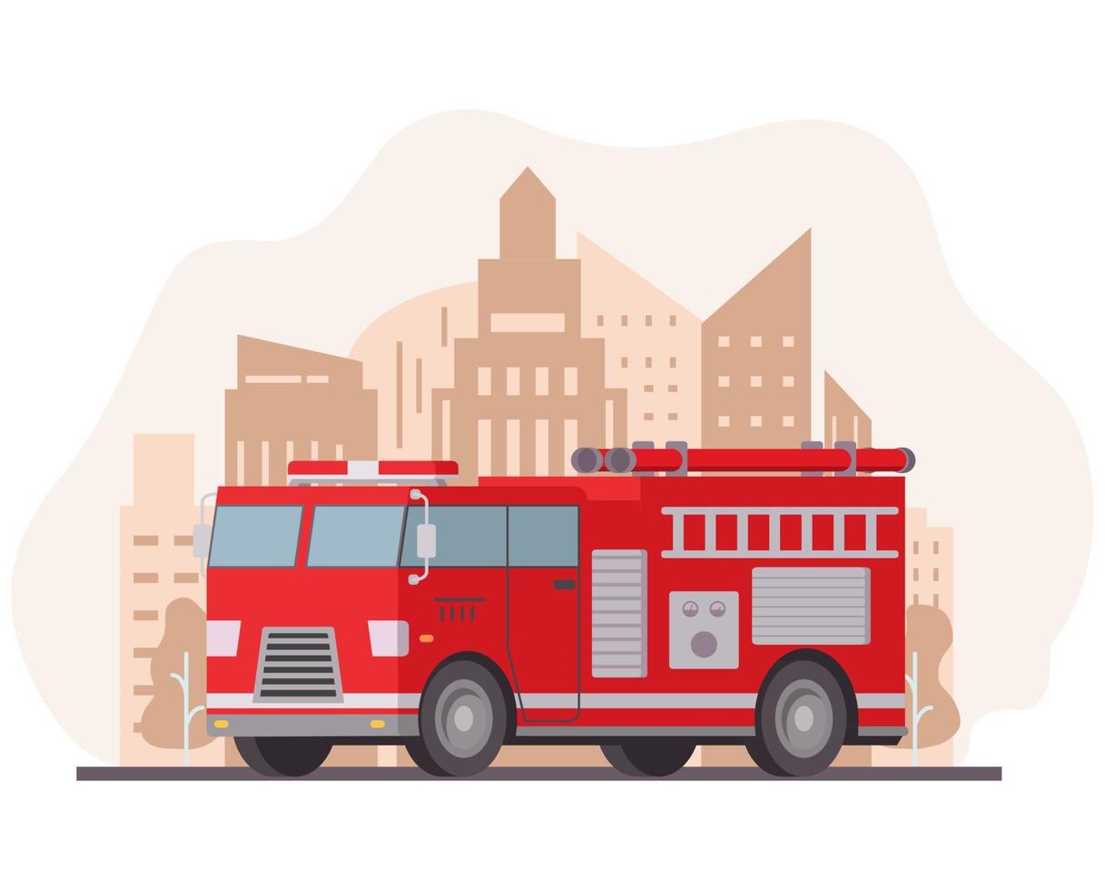 Fire engine.Emergency service red vehicle.Red fire truck with ladder.Rescue vehicle. Modern flat style illustration vector .