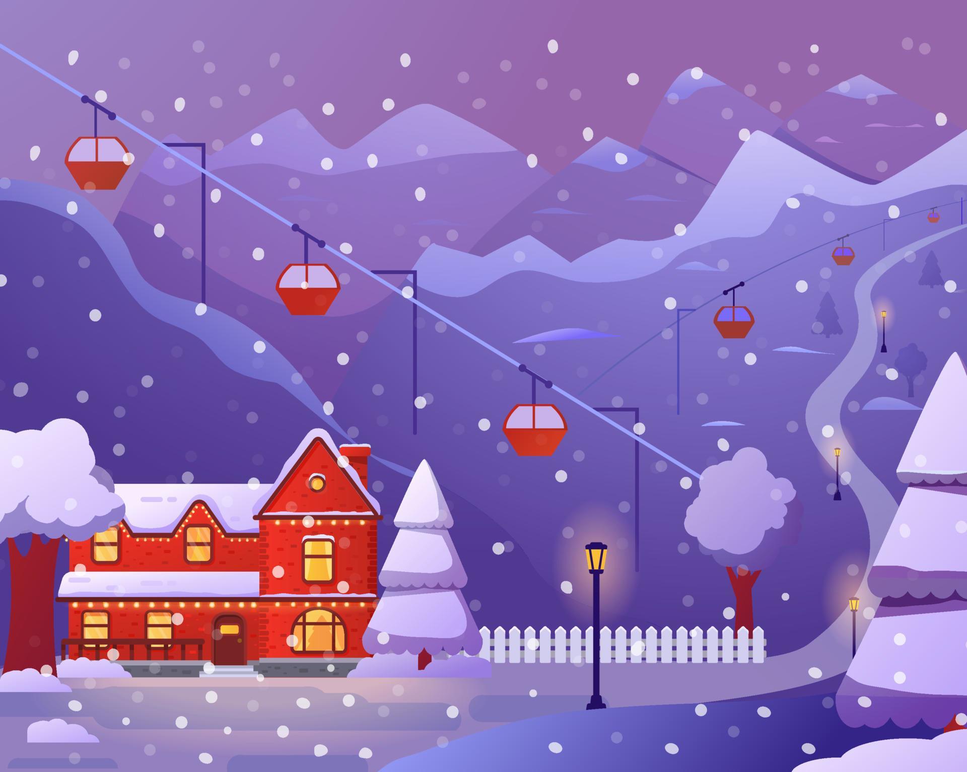 Ski resort with hotel,cableway. Winter snow mountains landscape. Snowy