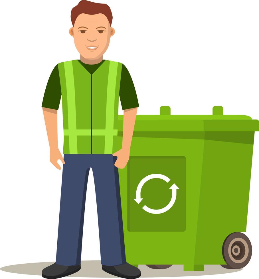 Garbage cleaner man or janitor.Cleaning litter.Garbage cans.Recycling garbage separation bin green.Vector flat illustration Deskside recycling container. vector