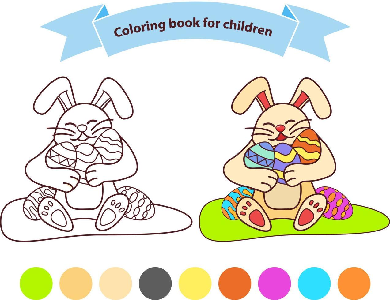 Bunny holding Easter eggs. Isolated on white background. Hare cartoon character. Happy rabbit coloring book for children. Outlined doodle. Flat vector. vector