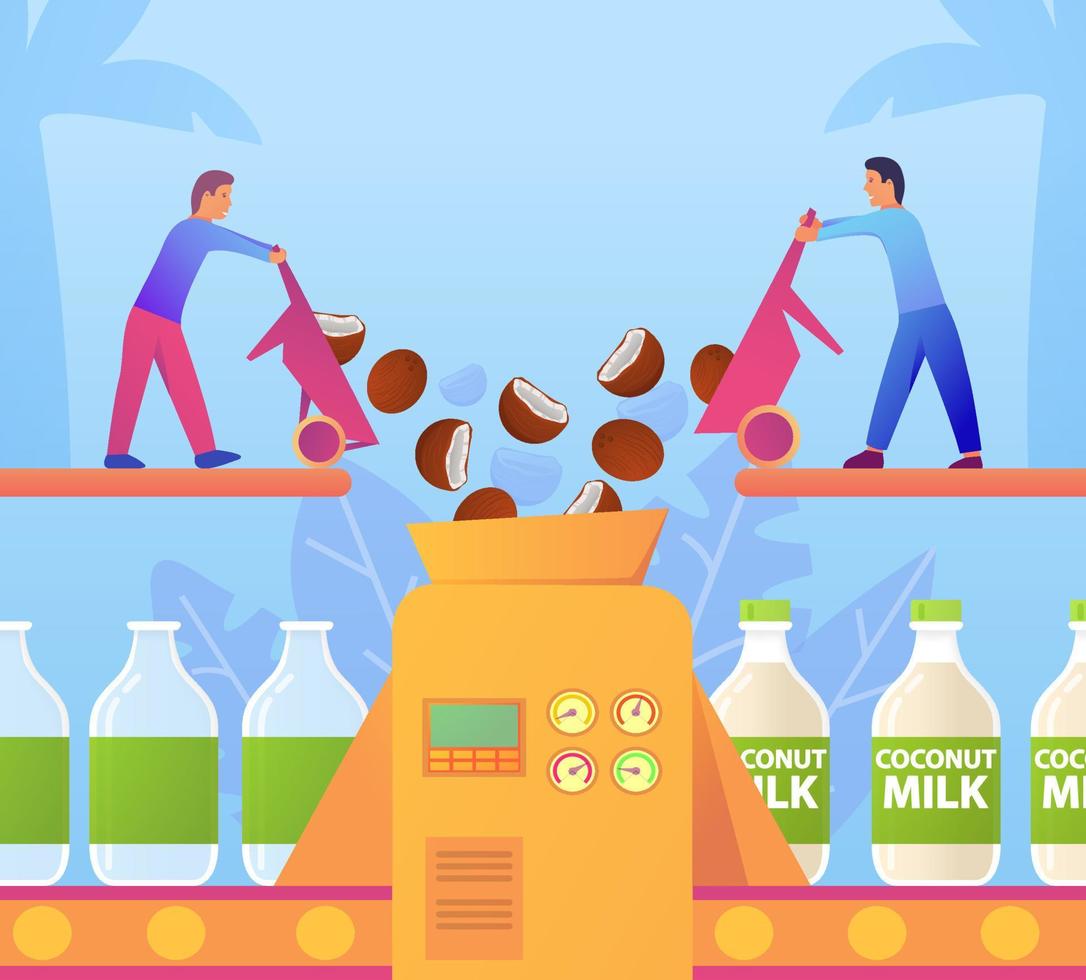 Conveyor producing coconut milk. Plant for the packaging of vegetable milk. Flat illustration vector.Website banner concept. vector