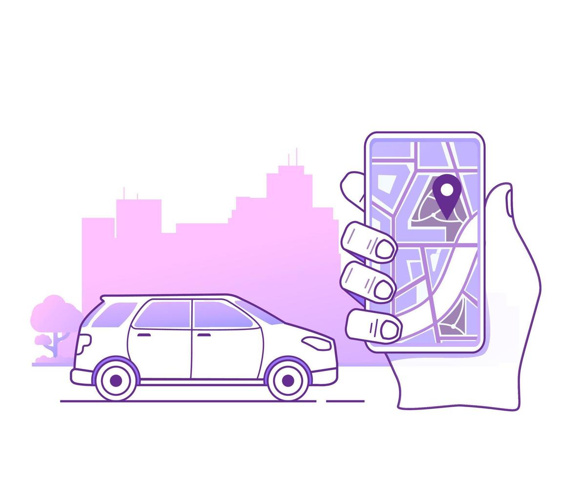 Smartphone navigation with point location map in the city.Car satellite urban navigation GPS.Hatchback urban SUV.Silhouette of skyscrapers.Hand holds tablet.Flat outline illustration vector. vector