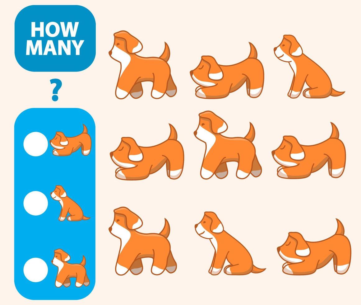 Count how many dogs is educational game. Maths task development of logical thinking of children. Counting  puppy games for preschool kids. Flat animal character vector