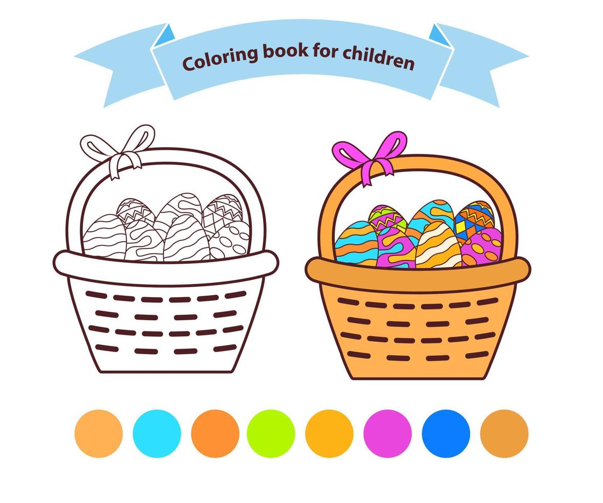 Basket easter eggs coloring book for children. Outlined doodle. Flat vector.Painted eggs.Isolated on white background. vector