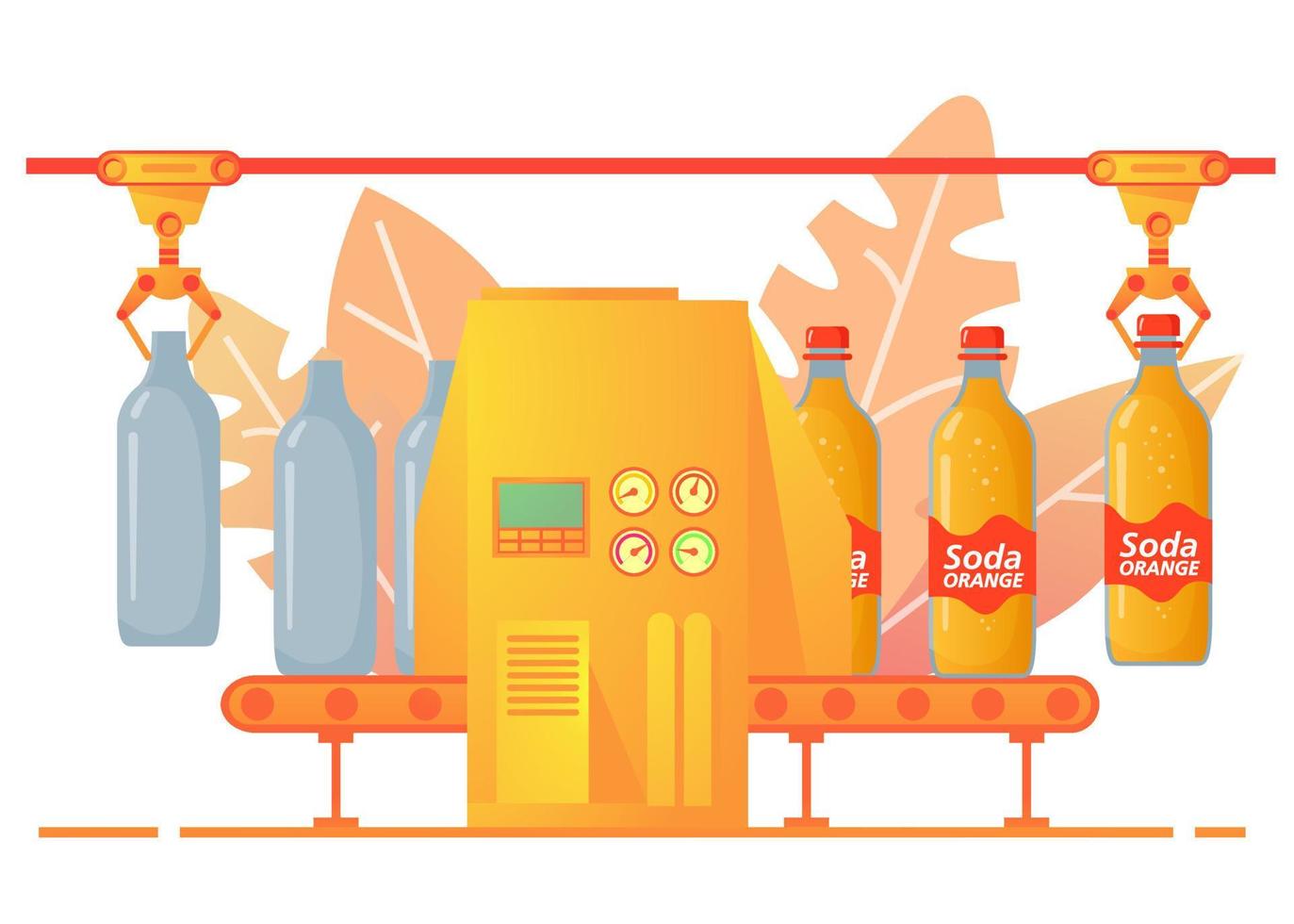 gaseosa de cinta transportadora de embalaje. agua dulce con gas. bebida limonada suave naranja y limón de botellas de vidrio. producción de fábrica de bebidas carbonatadas. vector de ilustración plana.