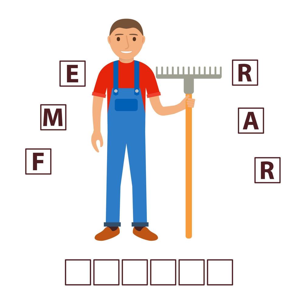 juego palabras rompecabezas personaje de dibujos animados el granjero con un rastrillo.educación en desarrollo niño.acertijo para preescolar.ilustración plana vector de personaje de dibujos animados.concepto del trabajador rural.