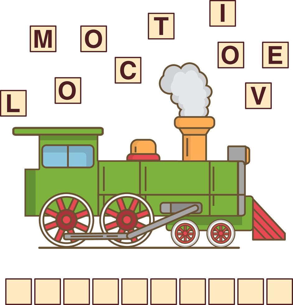 Game words puzzle steam locomotive .Education developing child.Riddle for preschool.Flat illustration cartoon character vector. vector