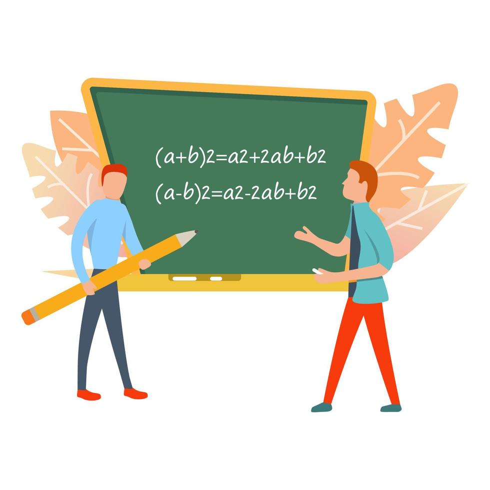 Male teacher school blackboard trains student.Concept education at the university,college.Flat illustration about the cartoon characters a vector.Mathematical formulas. Math teacher teaches a student. vector