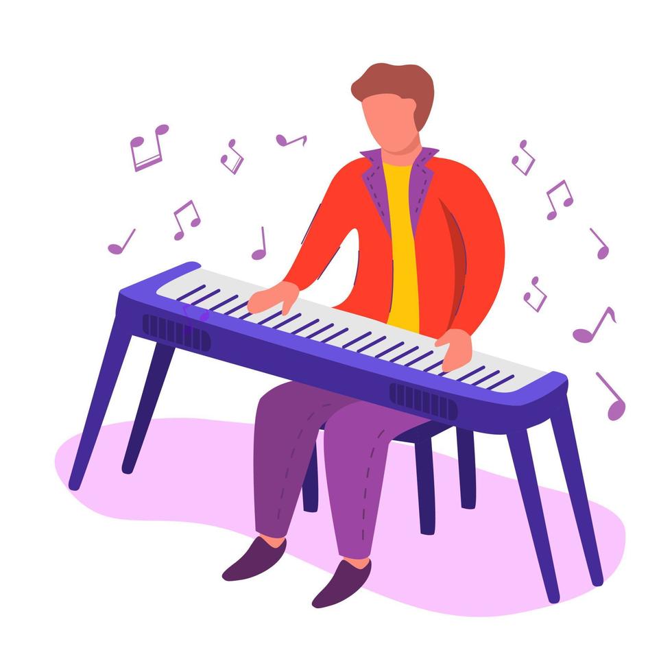 personaje de dibujos animados de pianista masculino sobre piano eléctrico. instrumento de sintetizador de teclado musical aislado sobre fondo blanco.ilustración vectorial.iconos conceptuales para clubes y conservatorios. vector