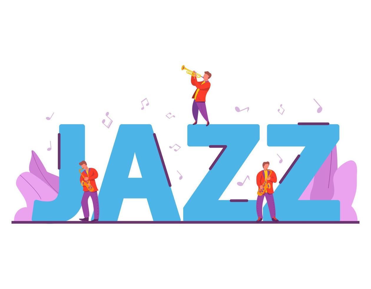 festival de música jazz.la gente va a tocar instrumentos musicales.cartel con trompetista, saxofonista.gente de la música.aislado en un fondo blanco. vector