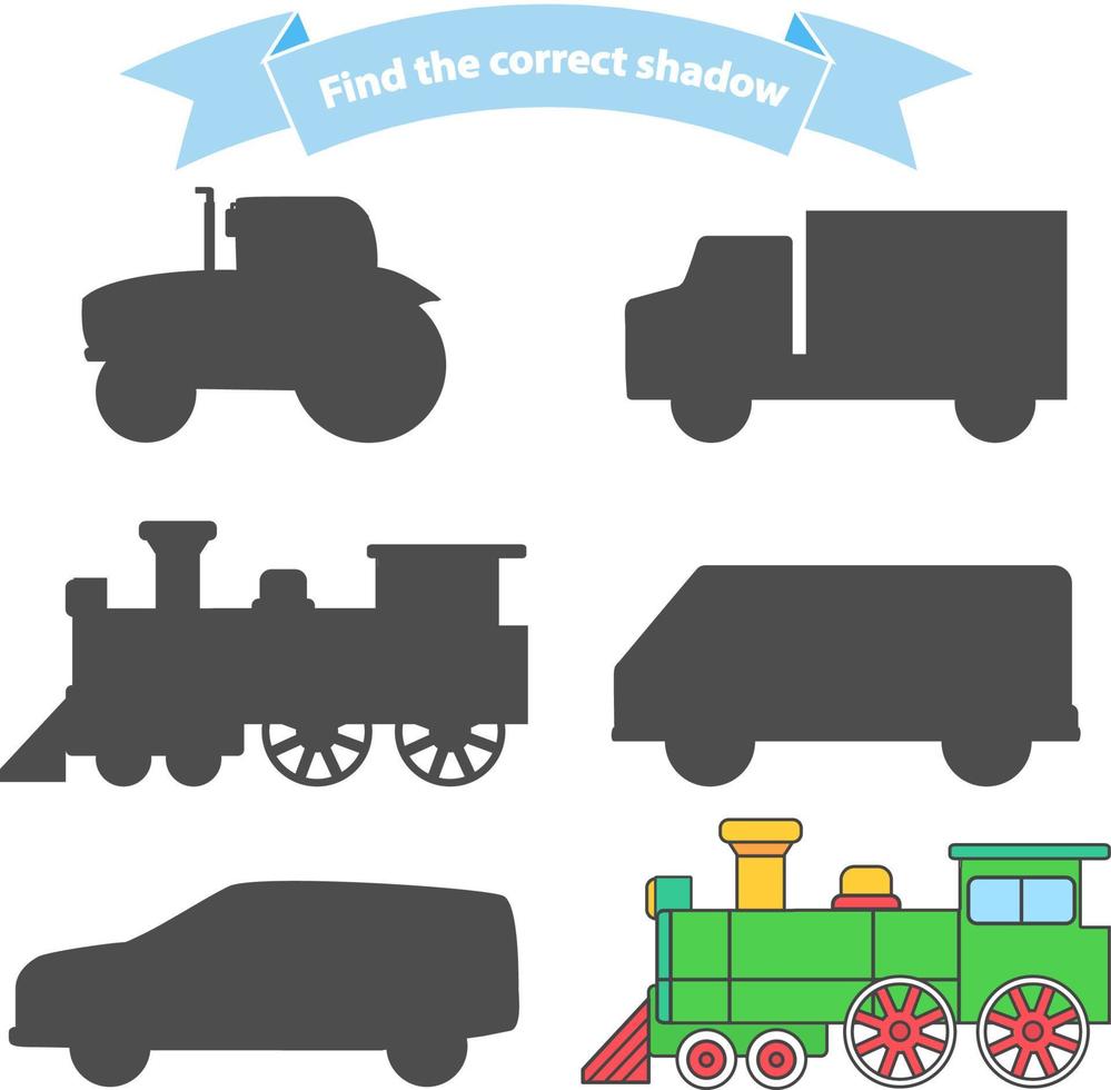 encuentre el transporte de sombras correcto. juego educativo para niños coche, locomotora de vapor, camión, tractor, furgoneta. aislado en un fondo blanco. ilustración plana vectorial. un conjunto de vehículos. vector