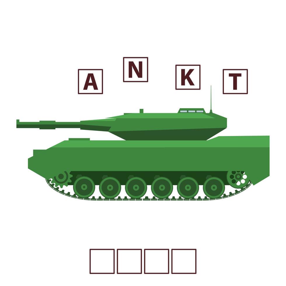 Game words puzzle military tank . Education developing child.Riddle for preschool.Flat illustration cartoon character vector. vector