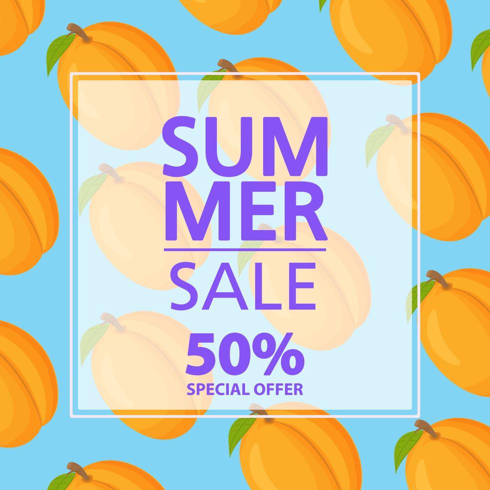 Summer sale banner.Offers a 50 discount.Apricot tropical citrus fruit pattern.Flat vector illustration.Website banner concept.