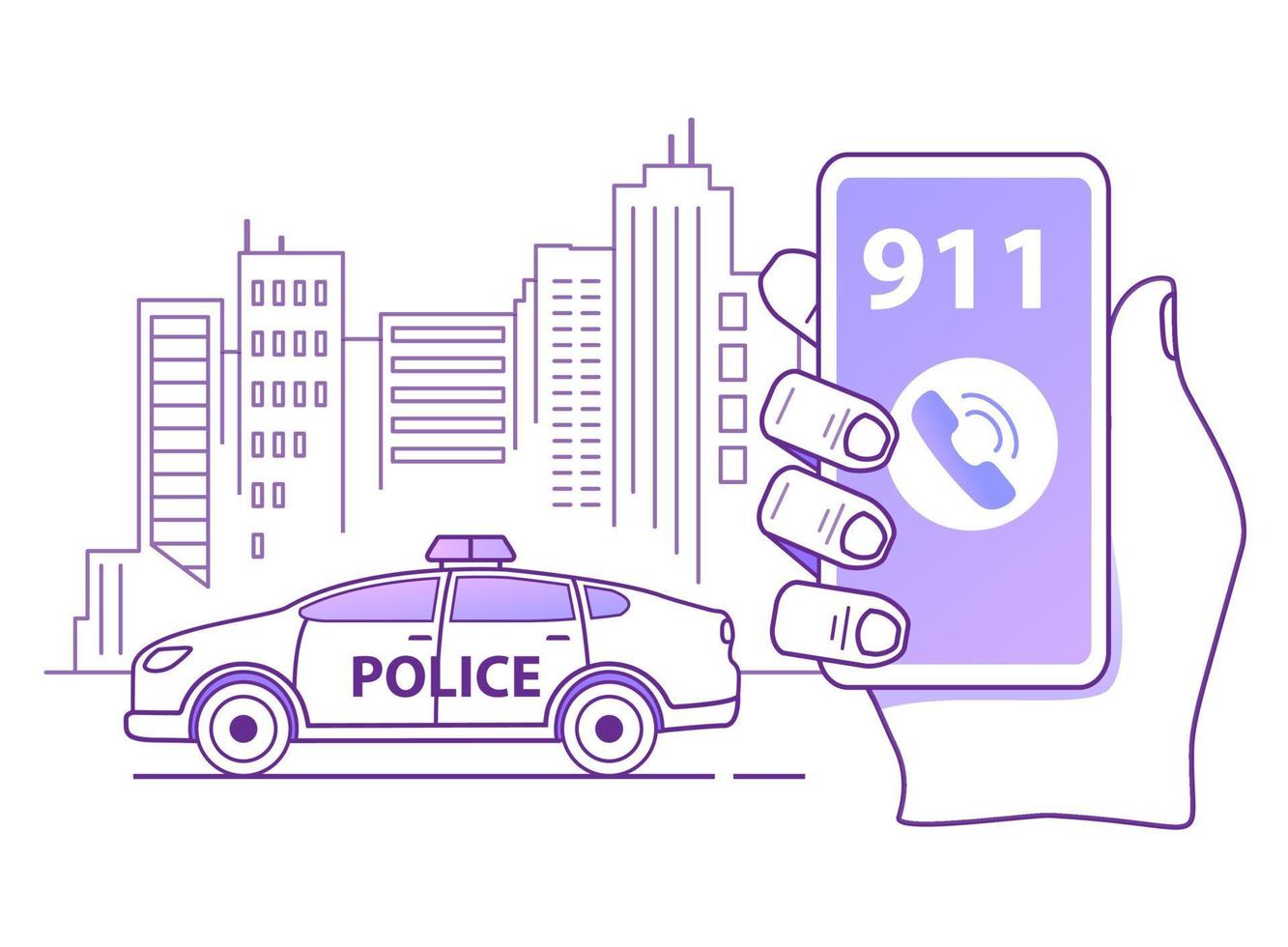Calling a police patrol car. Hand holds smartphone. Mobile emergency application.Outline flat vector illustration.Isolated on white background.