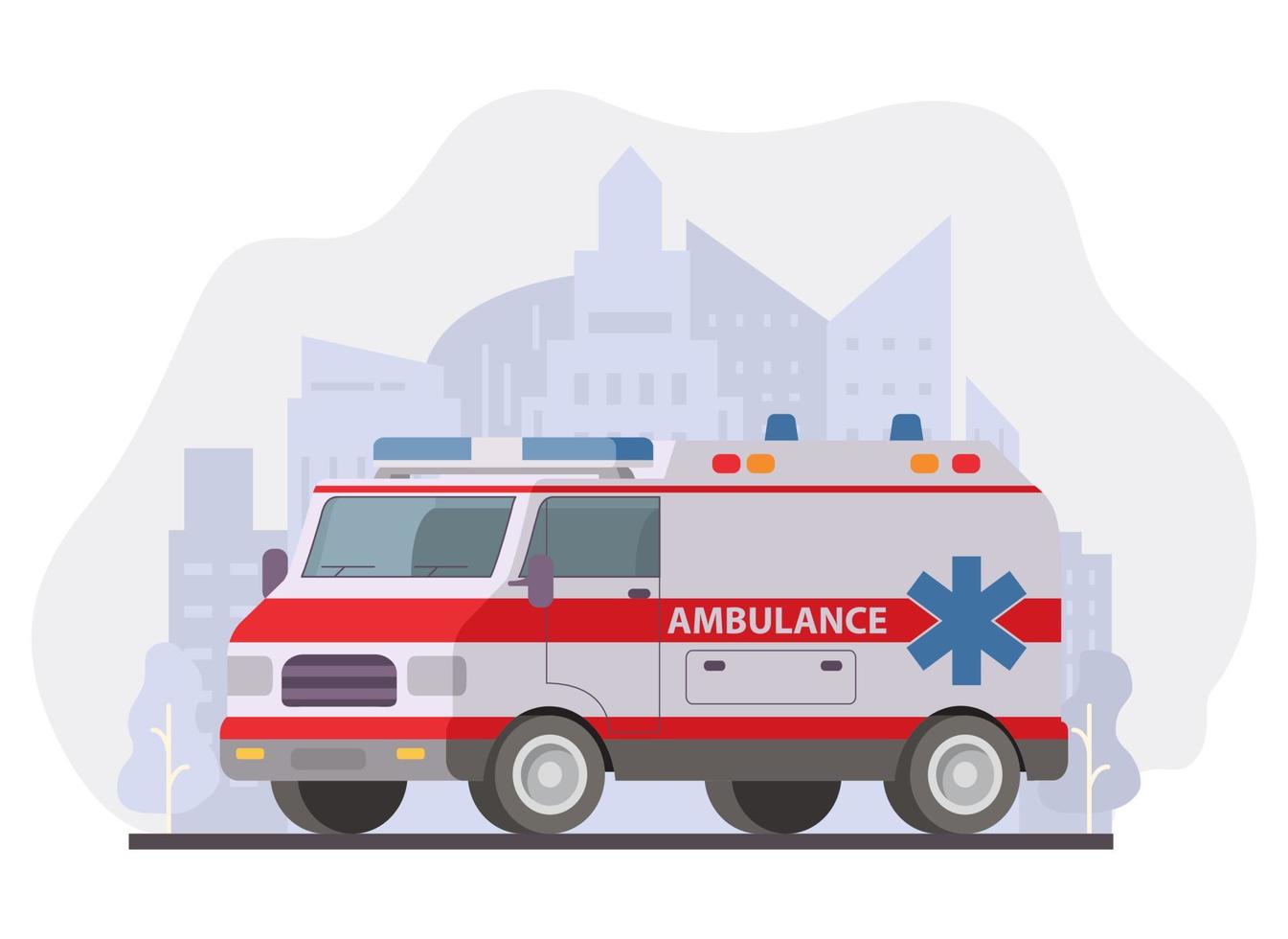 Ambulance van.First aid car.Emergency car. Isolated medical template on white background.Medicine vehicle.Silhouette city with skyscrapers on the background.Vector modern flat style. vector