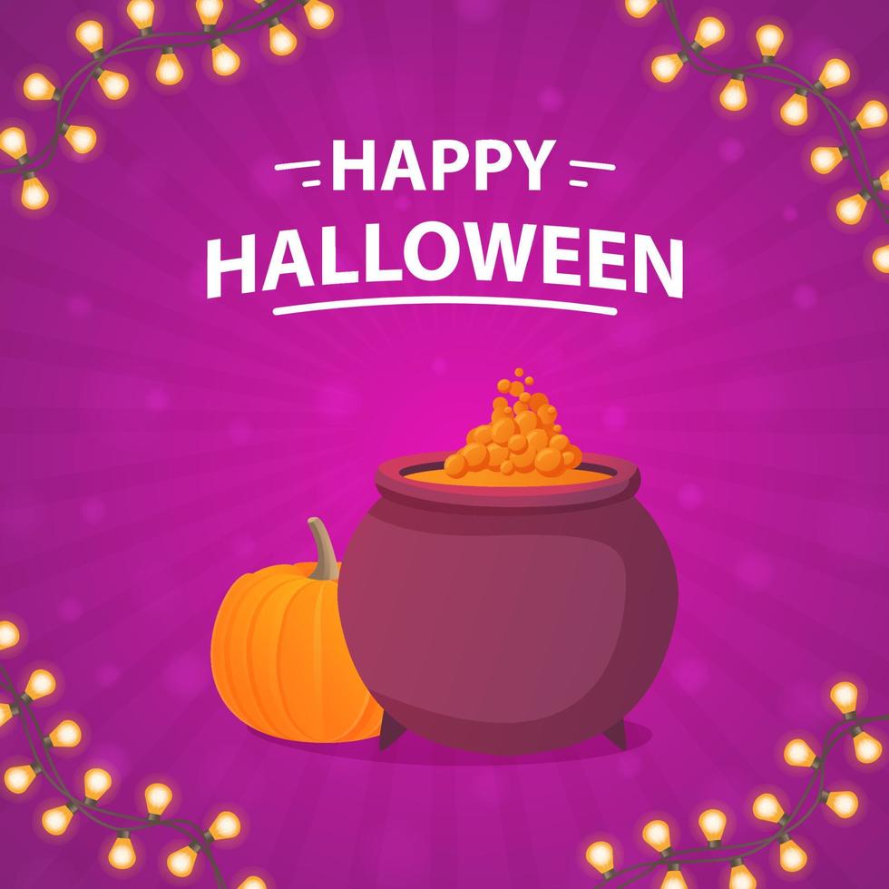 Happy halloween witch's cauldron and pumpkin with garland. Boiling bubbling potion.Flat vector.Festive banner for All Saints Day. vector