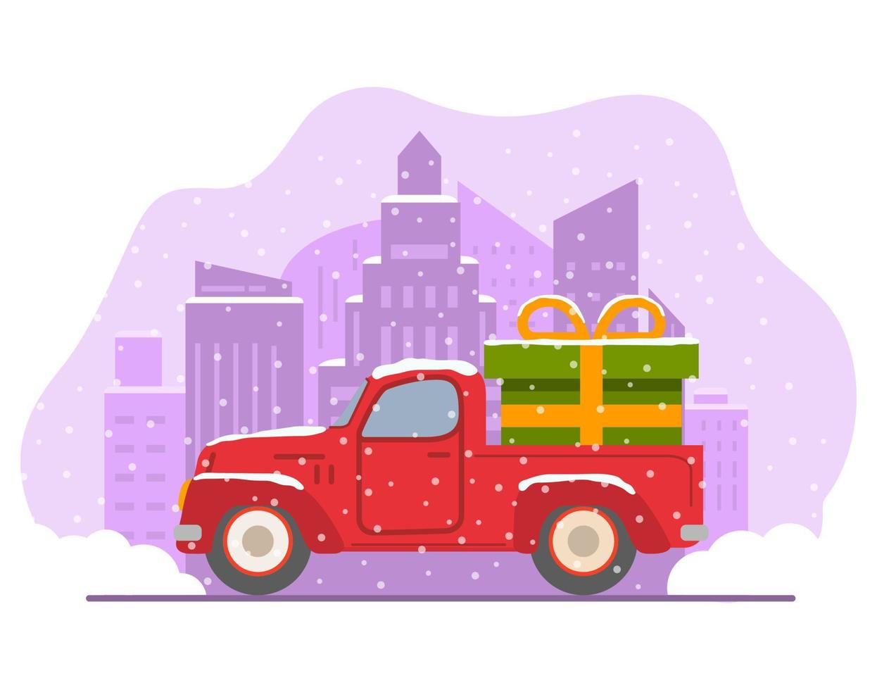 Retro pickup red truck with green gift box.Happy New Year postcard.Winter landscape with snowy fir trees.Festive Christmas banner.Falling snow.Vector flat illustration.Vehicle side view. vector