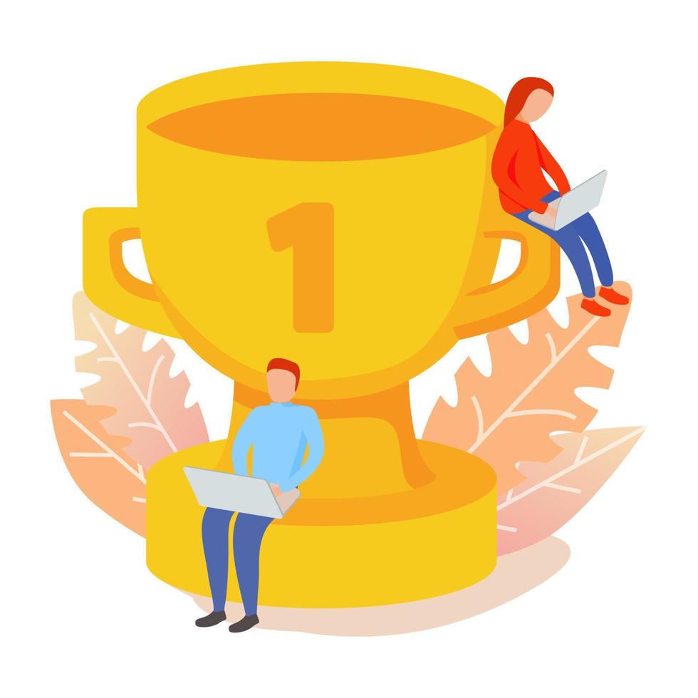Learning success best score winner prize award of the Golden Cup. Young man and girl online e-learning. Concept with people with laptops.Achievement at work.Distance education.Vector illustration. vector