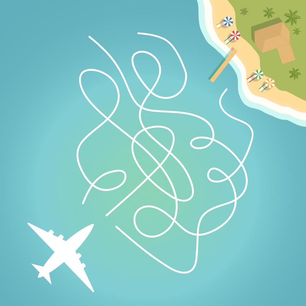 Maze game, education game for children.Plane passenger airliner tropical island with palm trees. Flat illustration vector. Children's game. vector