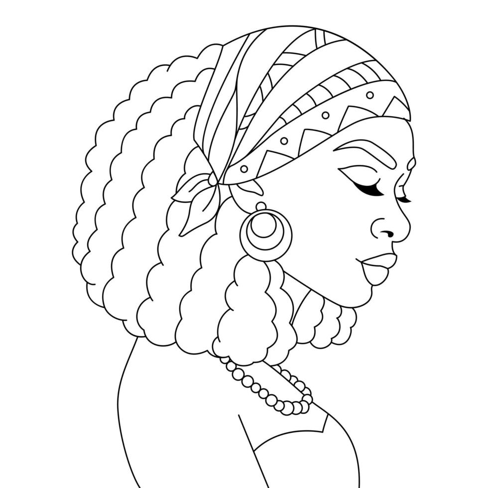 mujer negra africana envoltura de cabeza bufanda bandana trenzas peinado niña afro vector para colorear página esquema ilustración
