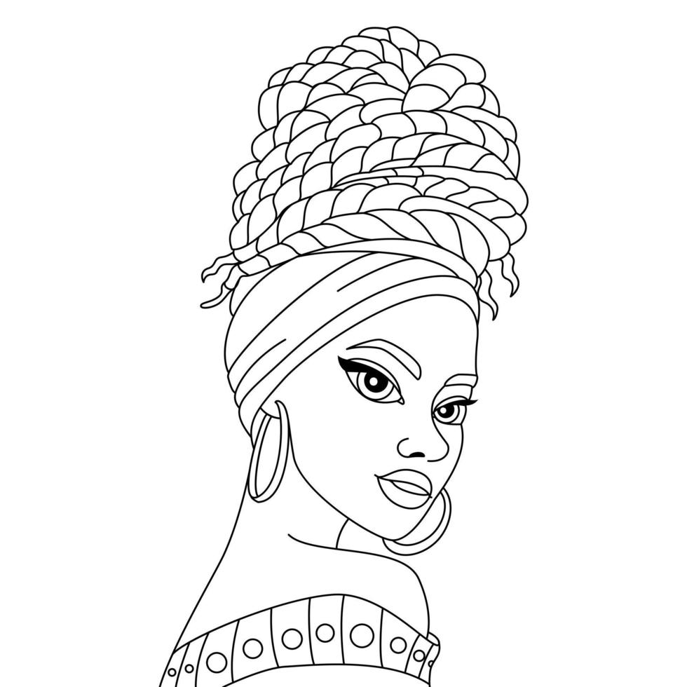 Celebrating Black History Black - Young African Black Girl In A Colorful Turban With Traditional Hairstyle Coloring Page Outline Illustration Vector 