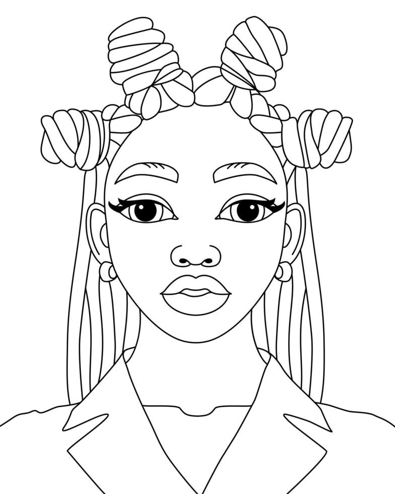 African black woman Bantu knots hairstyle modern afro girl hairstyle vector coloring page outline illustration