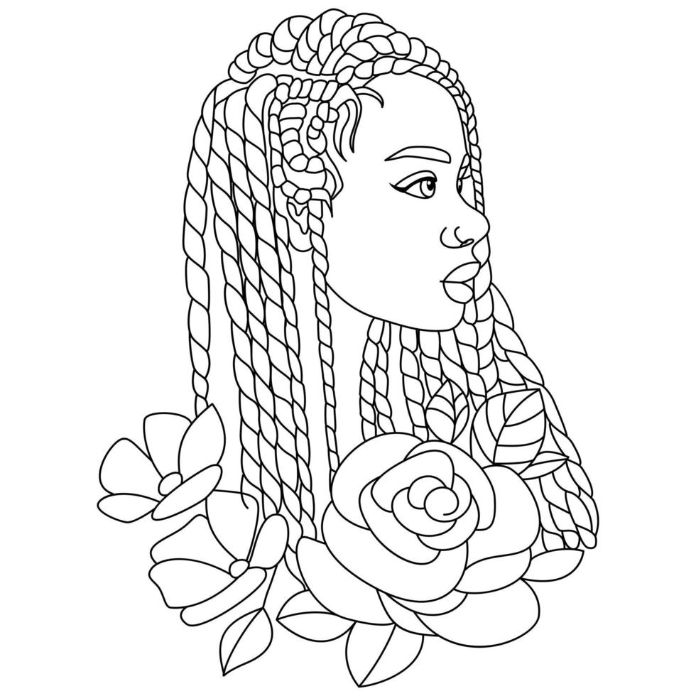 trenzas rojas mujer negra africana con algunas flores peinado de niña afro vector ilustración de esquema de página para colorear