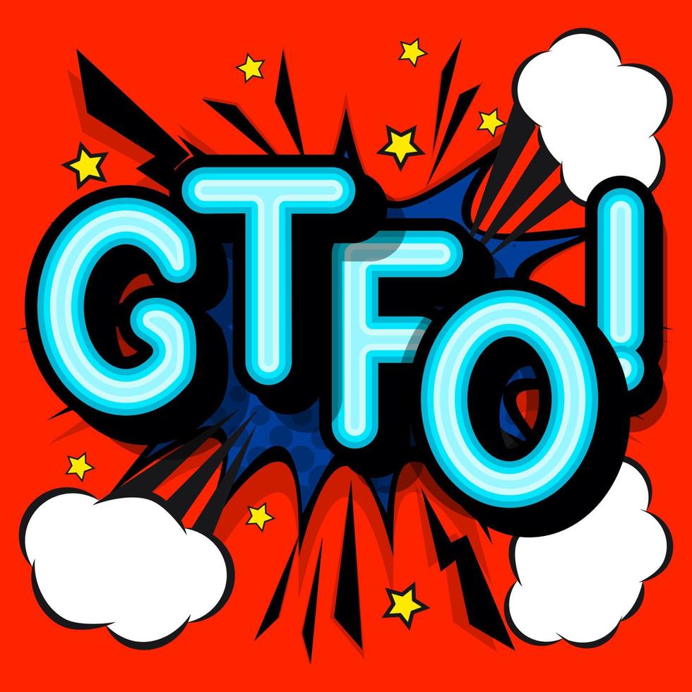 gtfo - letras retro con sombras, patrón de medios tonos en el fondo del cartel retro. ilustración vectorial brillante en estilo de arte pop vintage. vector