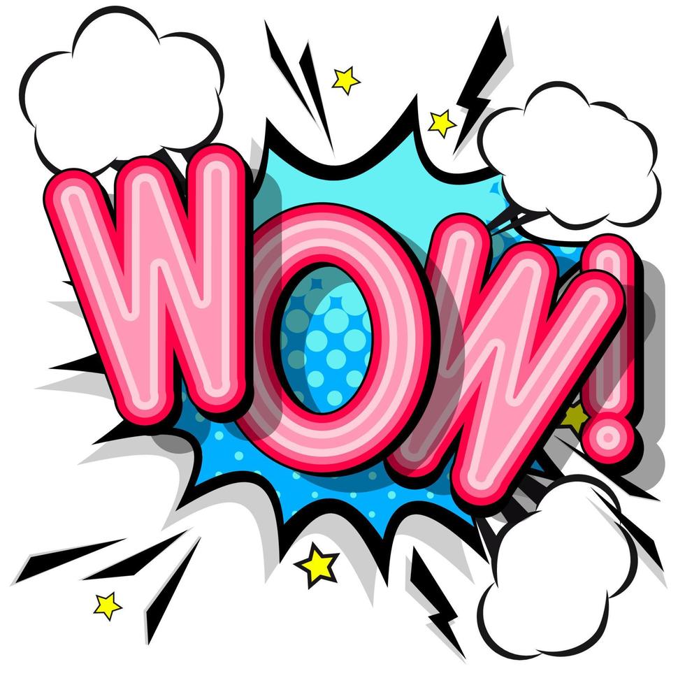 Comic design speech bubbles, WOW, retro lettering. Flash explosion with clouds, lightning, stars, shadows, halftone pattern. Bright vector illustration in vintage pop art style.