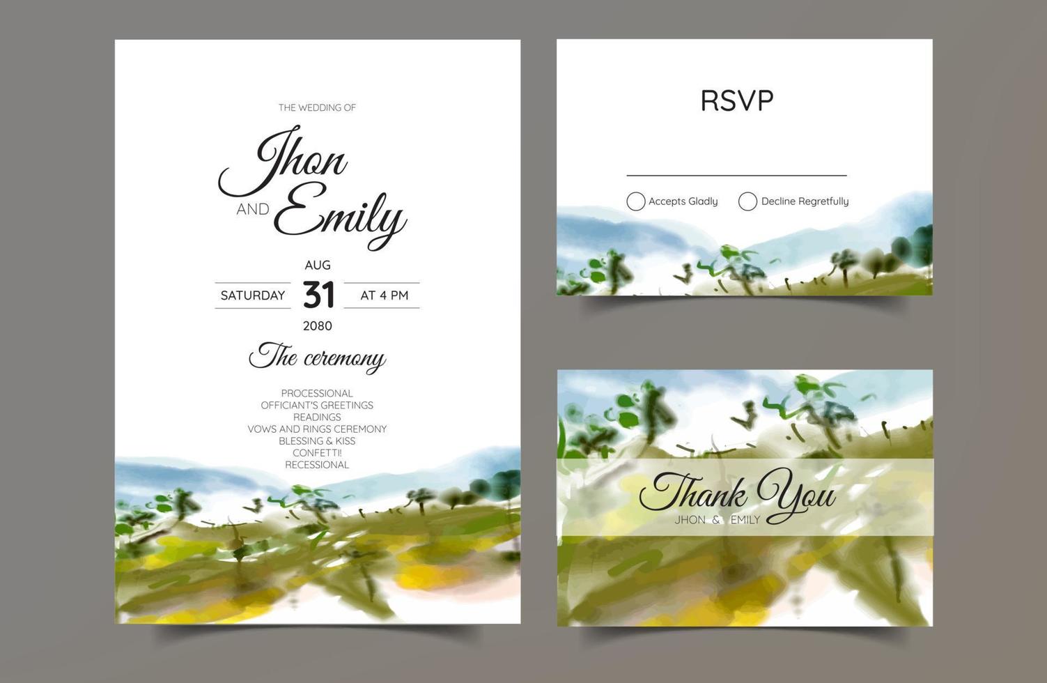 invitación de boda con fondo de acuarela de vista a la montaña vector