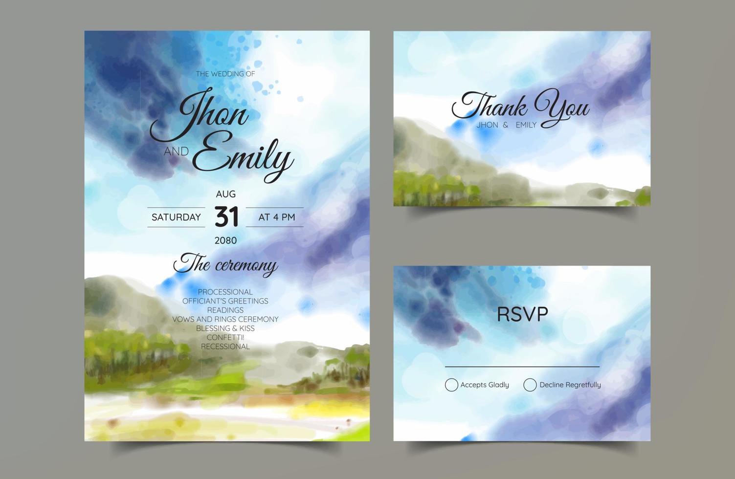 invitación de boda con fondo de acuarela de vista a la montaña vector