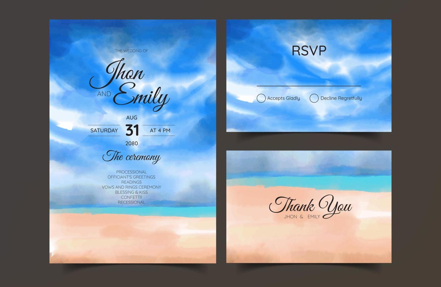 tarjeta de invitación de boda, panorama de playa, acuarela vector