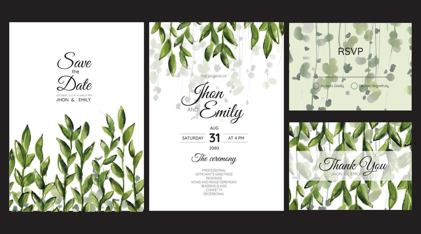 elegante tarjeta de invitación de boda de acuarela con hojas verdes vector