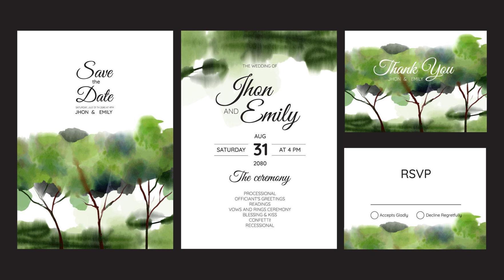 wedding invitation cards with forest landscape watercolor vector