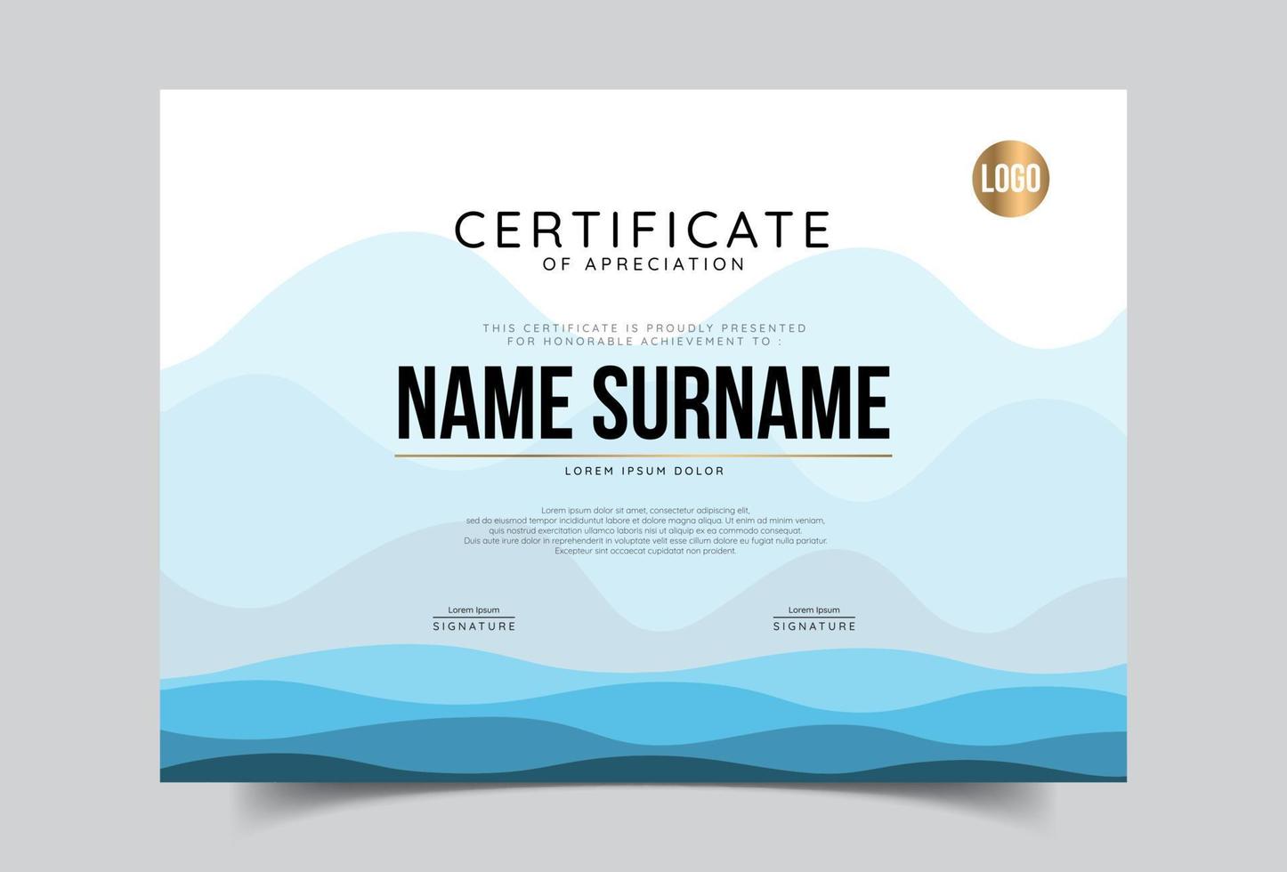 Certificate of appreciation template, gold and blue color. Clean modern certificate with gold badge. Certificate border template with luxury and modern line pattern. Diploma vector template