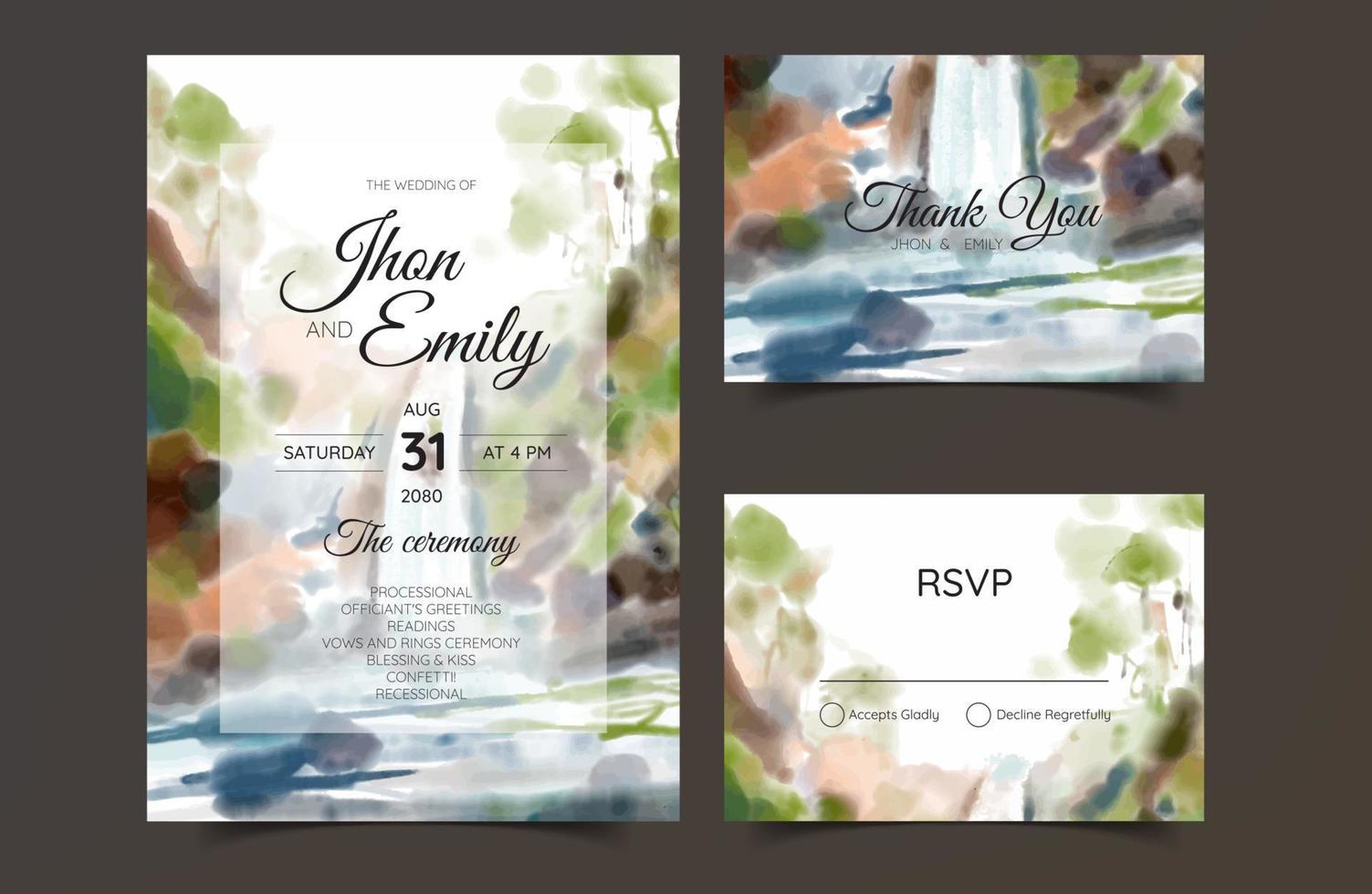 invitación de boda con fondo de acuarela de vista a la montaña vector