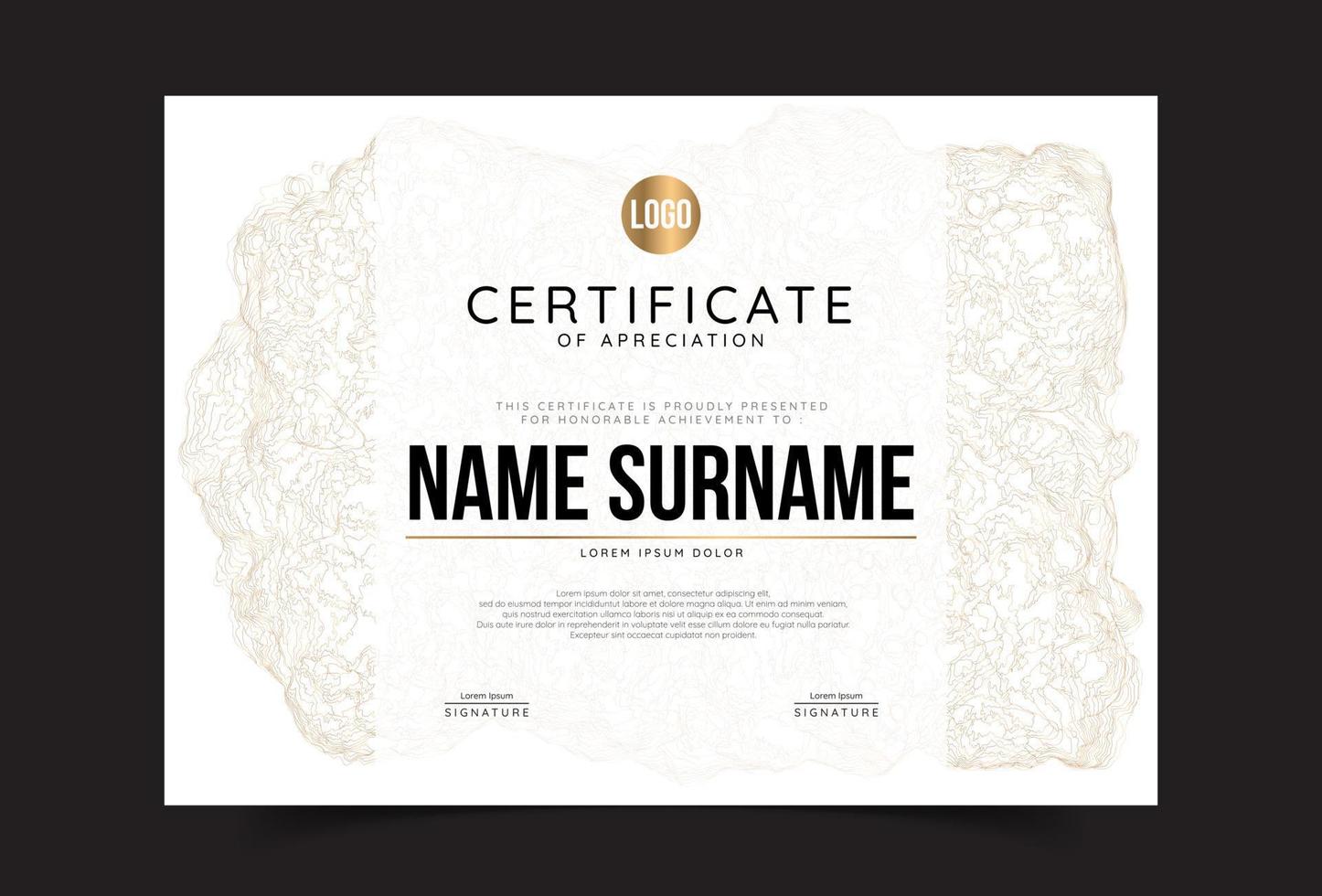 Certificate of appreciation template, gold and blue color. Clean modern certificate with gold badge. Certificate border template with luxury and modern line pattern. Diploma vector template