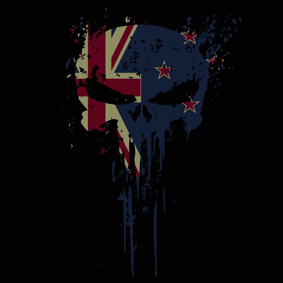 Skull head New Zealand flag with grunge texture - vector t shirt design