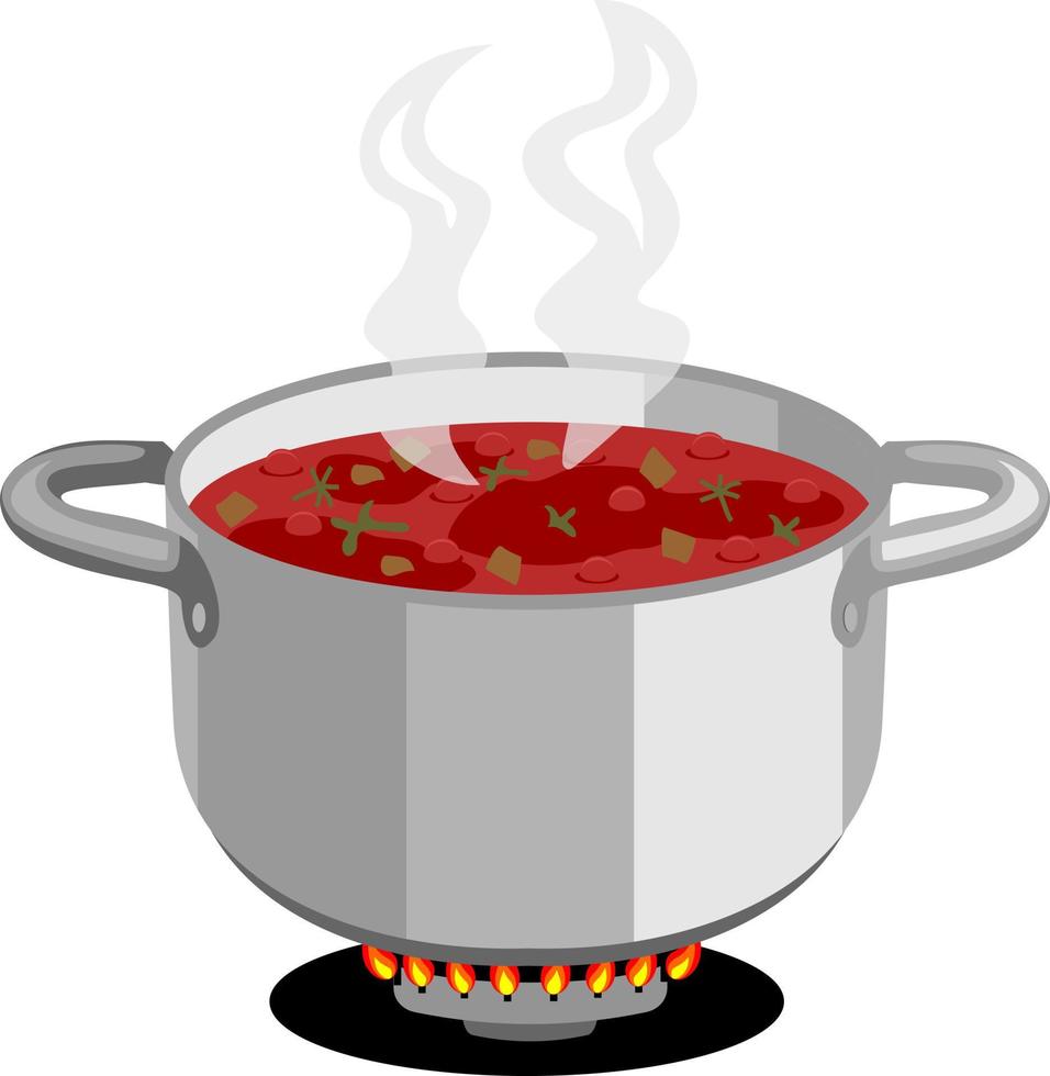 Cooking. Boiling soup on gas stove. Saucepan with boiling soup and opened lid on gas stove, fire and steam vector